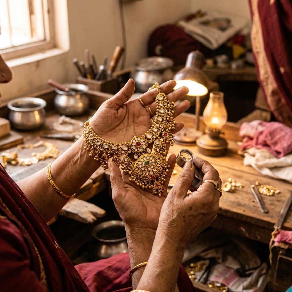 Hands working on traditional Indian gold necklace