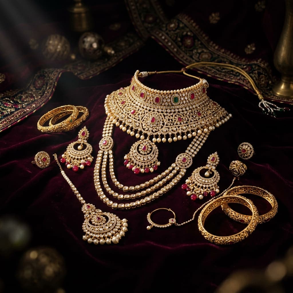 Exquisite traditional Indian bridal jewellery on a royal background
